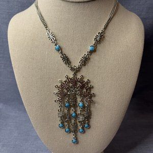 Vintage Tribal Style Silver-Tone Bib Necklace With Faux Turquoise Dangles
